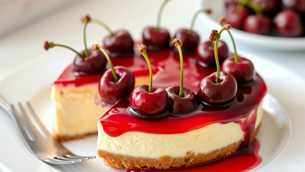 Finished cherry cheesecake with vibrant red cherry topping, whole cherries with stems arranged decoratively on surface, creamy filling visible at cut edge, served on white plate with fork