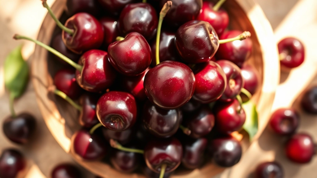 Close-up overhead shot of fresh dark red cherries piled in a rustic wooden bowl with some scattered on the surface, natural daylight streaming in, showing the glossy texture and deep color of ripe cherries ready to be pitted for baking