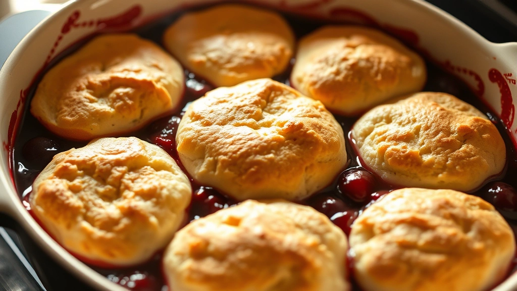 Golden-brown cherry cobbler fresh from the oven in a ceramic baking dish, showing the perfectly baked biscuit topping with beautiful golden edges and bubbling cherry filling visible around the biscuits, steam rising slightly, warm and inviting lighting