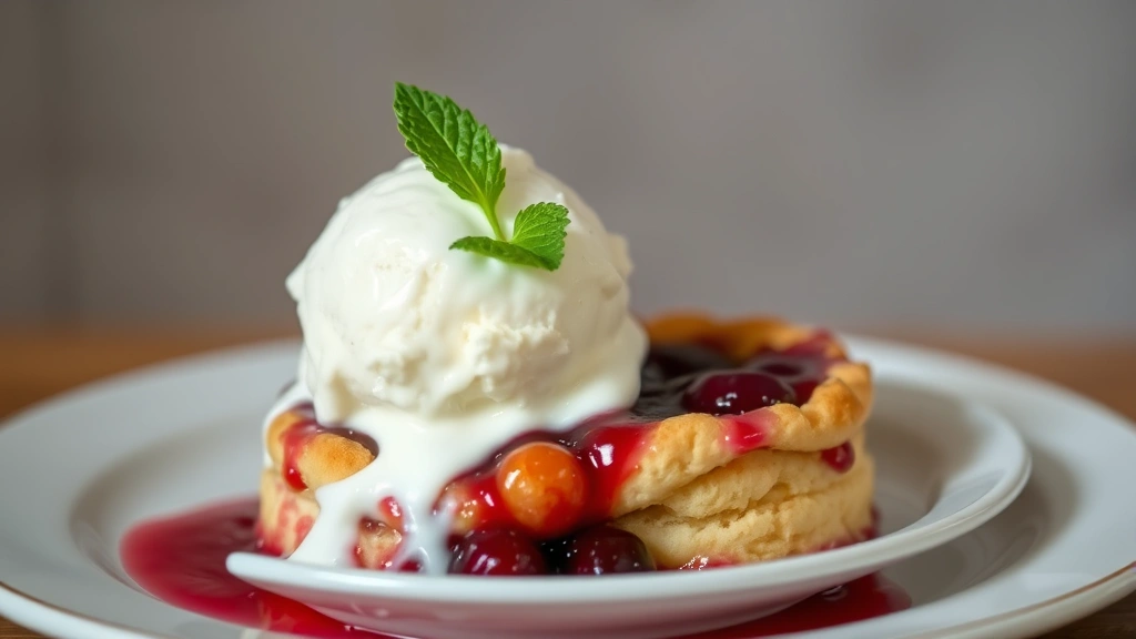 Plated serving of warm cherry cobbler with a melting scoop of vanilla ice cream on top, fresh mint leaf garnish, photographed against a soft blurred background, showing the tender biscuit texture and ruby-red filling, homestyle presentation