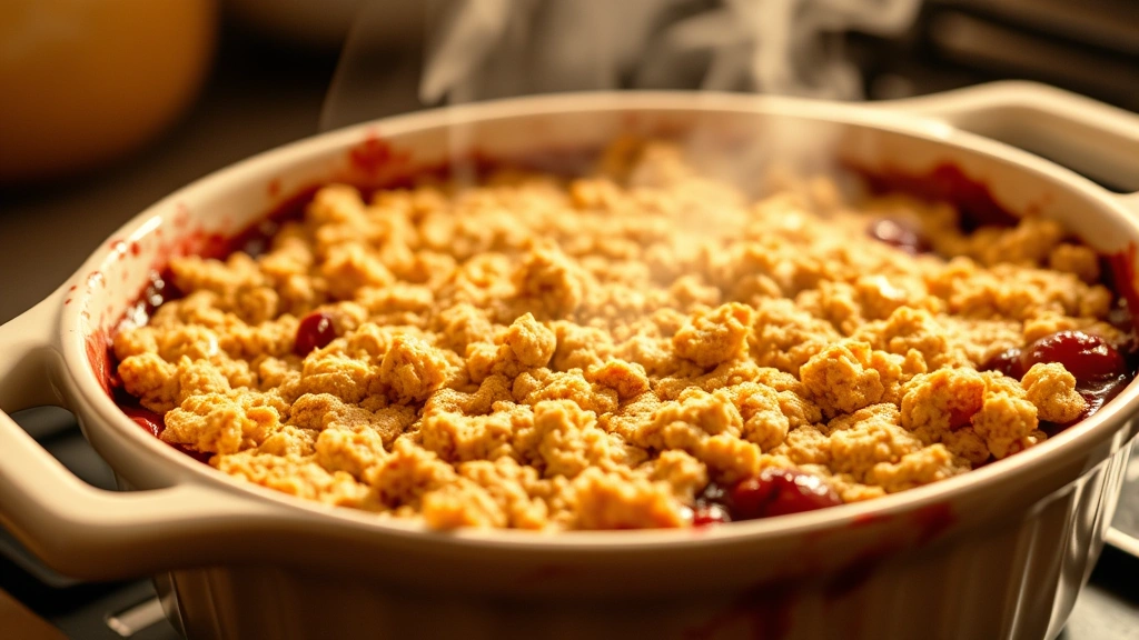 Golden-brown baked cherry crisp in ceramic dish with bubbling ruby filling visible at edges, steam rising, warm kitchen lighting