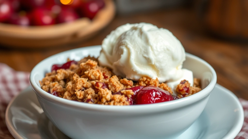 Warm cherry crisp served in white bowl with vanilla ice cream melting on top, crispy topping texture clearly visible, cozy home setting