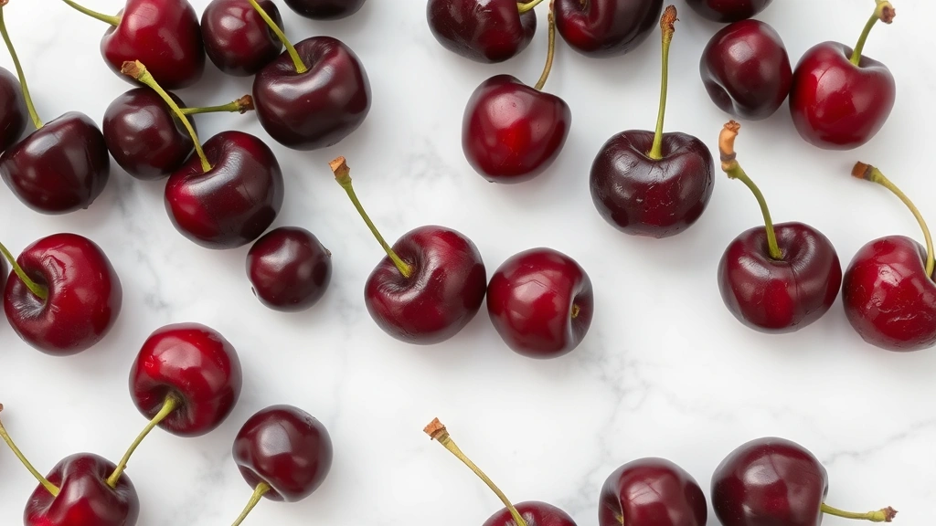 Close-up overhead shot of fresh dark red cherries scattered on a white marble countertop with soft natural window light, some with stems, showing glossy wet surfaces