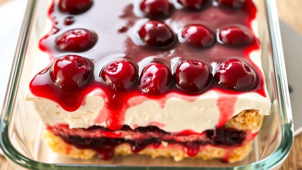 Layered cherry delight dessert in a clear glass baking dish showing distinct crust layer, creamy white filling, and deep red cherry topping with glossy syrup coating