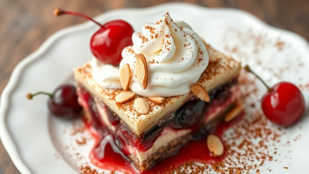Plated slice of cherry delight dessert on white ceramic dish with whipped cream dollop, chopped almonds, fresh cherry garnish, and cocoa powder dusting on top