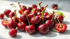 Close-up of fresh ripe Bing cherries with water droplets, scattered on white marble countertop, natural sunlight, some whole and some halved showing the pit, vibrant deep red color, photorealistic food photography