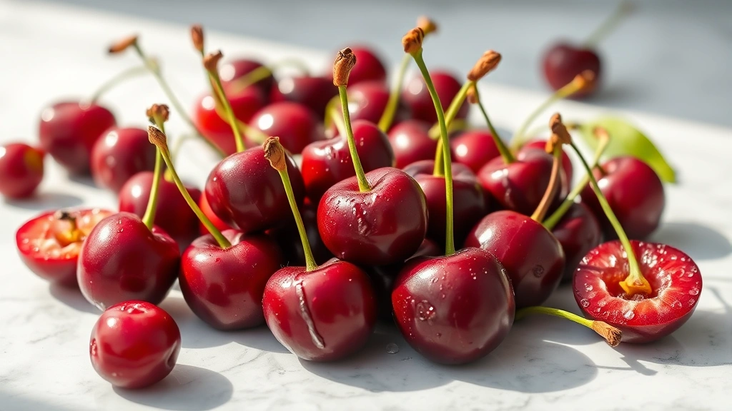 Close-up of fresh ripe Bing cherries with water droplets, scattered on white marble countertop, natural sunlight, some whole and some halved showing the pit, vibrant deep red color, photorealistic food photography