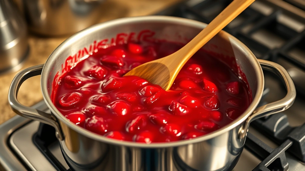 Wide shot of cherry pie filling cooking in stainless steel saucepan on stovetop, glossy deep red filling with visible cherry pieces, steam rising, wooden spoon stirring, warm kitchen lighting, professional food photography