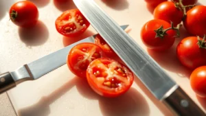 Close-up of ripe red cherry tomatoes being halved on a white cutting board with a sharp chef's knife, morning sunlight casting shadows