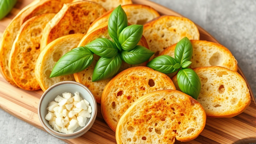 Golden-brown toasted baguette slices arranged on a wooden board with fresh basil leaves and minced garlic in a small bowl nearby