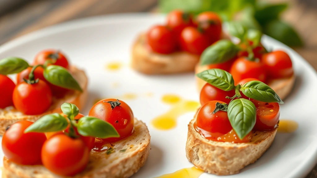 Finished cherry tomato bruschetta arranged on a ceramic white plate, garnished with fresh basil and olive oil drizzle, shallow depth of field focusing on the vibrant red tomatoes