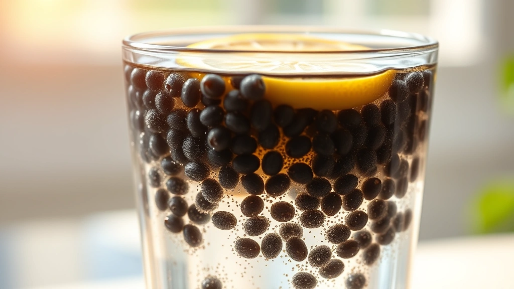 Clear glass filled with chia water showing hydrated black seeds suspended in transparent liquid with visible gel coating, fresh lemon slice floating on top, natural morning sunlight illuminating the beverage from behind