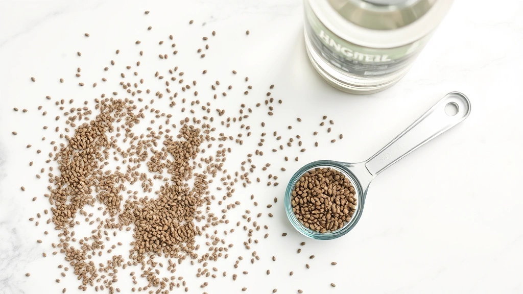 Overhead shot of scattered raw chia seeds on white marble surface with small glass measuring spoon containing dark seeds, filtered water bottle in soft focus background, clean minimalist composition