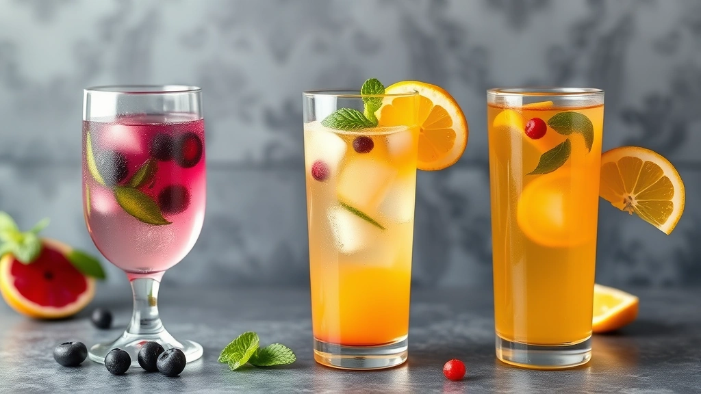 Colorful chia water beverages in various glasses displaying different flavor variations including berry-infused deep purple, tropical yellow-orange, and plain clear versions with fresh mint leaves and citrus garnishes visible
