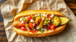 Close-up overhead view of an authentic Chicago-style hot dog fully assembled with all toppings including mustard stripes, chopped white onions, bright green relish, tomato wedges, dill pickle spear, and whole sport peppers, served on a poppy seed bun on parchment paper, professional food photography style, natural daylight lighting