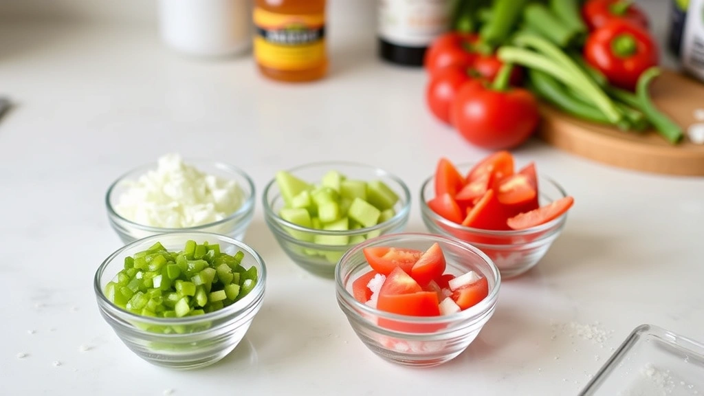 Step-by-step topping preparation for Chicago dog recipe showing five small bowls containing finely chopped white onions, bright green relish, fresh tomato wedges, whole sport peppers, and celery salt, arranged on a clean kitchen counter with fresh ingredients visible in background