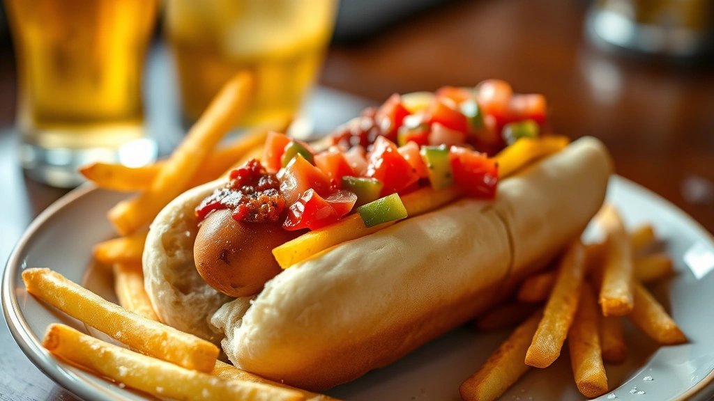 Finished Chicago dog plated presentation with crispy golden french fries seasoned with celery salt on the side, cold beverage glass in background, casual street food style photography, warm inviting lighting that showcases the vibrant colors of relish, tomatoes, and peppers