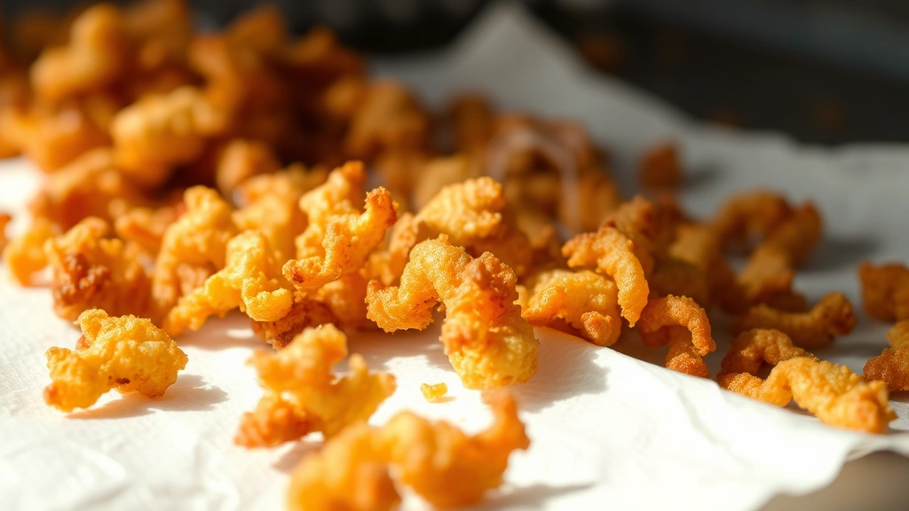 Close-up of golden-brown crispy pork skin chicharrones scattered on white paper towels, showing the puffed, crackled texture with light steam rising, natural kitchen lighting