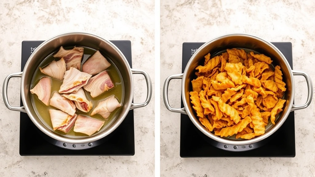 Two stainless steel pots side by side: one with pale pink pork skin pieces in clear rendered fat during stage one, another with deep golden-brown chicharrones in the second stage cooking process