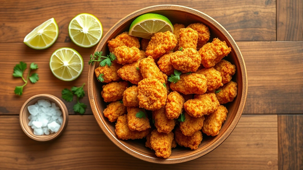 Overhead flat lay of finished chicharrones in a rustic wooden bowl with lime wedges, fresh cilantro sprigs, and a small dish of sea salt, wooden table background, warm natural lighting