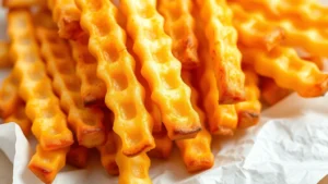 Close-up of perfectly golden-brown waffle-cut fries with crispy exterior, still steaming, arranged on white paper towels in natural lighting