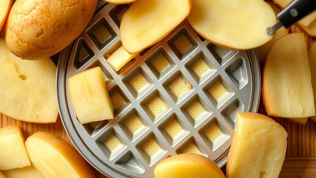 Overhead shot of russet potatoes being sliced through a waffle fry cutter, showing the crosshatch pattern forming, with cut potatoes visible