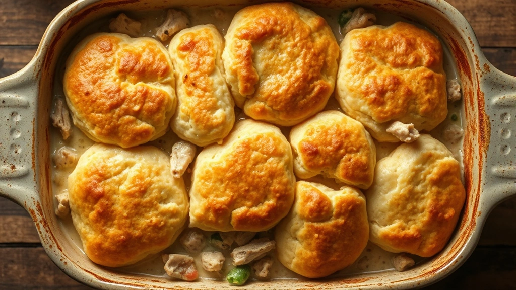 Overhead view of a rustic ceramic baking dish filled with creamy chicken and vegetable filling topped with golden-brown, fluffy biscuits just removed from the oven, steam rising, warm lighting