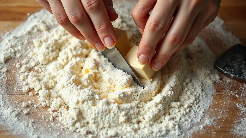 Close-up of hands cutting cold butter into flour mixture using a pastry cutter, showing coarse breadcrumb texture, flour dusting wooden surface, natural daylight