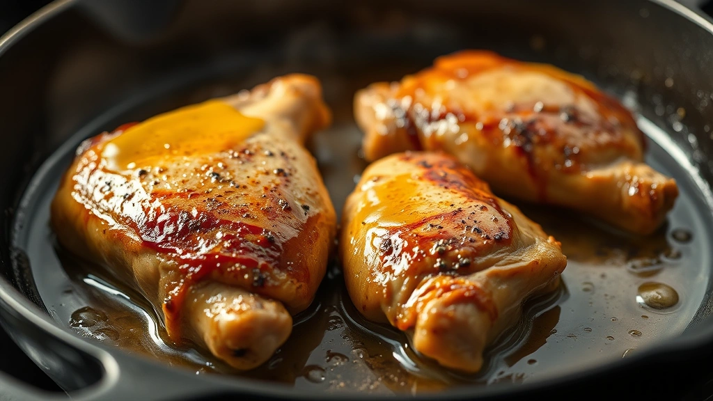 Golden-brown bone-in chicken thighs sizzling in a cast iron skillet with melted butter, steam rising, shallow depth of field