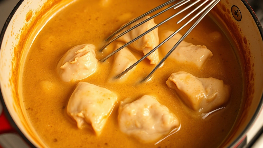 Creamy, velvety chicken gravy being whisked in a Dutch oven with tender chicken pieces partially submerged, rich brown color, warm kitchen lighting