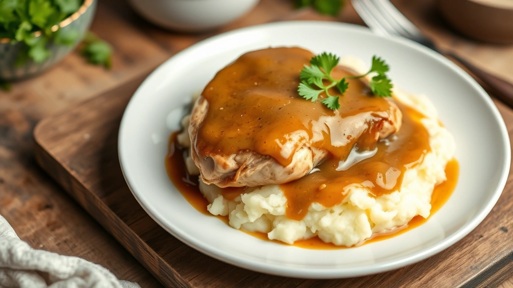 Plated homestyle chicken with silky gravy served over creamy mashed potatoes, garnished with fresh parsley, rustic white plate, cozy dining setting