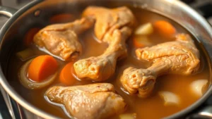 Golden-brown bone-in chicken pieces simmering in clear, amber-colored broth with visible carrots, celery, and onions in a stainless steel pot, steam rising gently, warm kitchen lighting, close-up side view