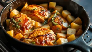 Golden-brown chicken thighs and creamy Yukon Gold potato cubes sizzling in a cast iron skillet with fresh thyme sprigs and garlic cloves, steam rising, warm lighting