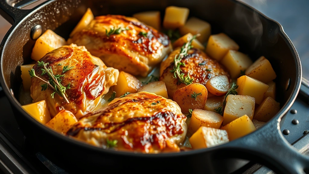 Golden-brown chicken thighs and creamy Yukon Gold potato cubes sizzling in a cast iron skillet with fresh thyme sprigs and garlic cloves, steam rising, warm lighting
