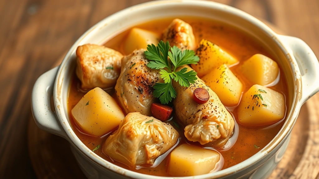 Finished chicken and potatoes dish in a ceramic serving bowl, tender potatoes and juicy chicken pieces in rich golden broth, garnished with fresh parsley and cracked black pepper