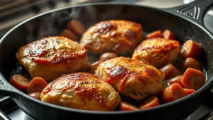 Golden-brown chicken thighs and Italian sausage pieces searing in cast iron skillet with glistening oil, aromatic steam rising, professional kitchen lighting