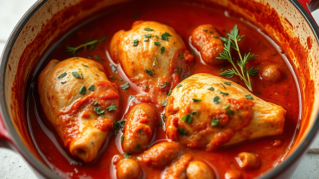Creamy tomato-wine sauce simmering with tender chicken and sausage in Dutch oven, fresh herbs scattered on surface, rich burgundy color, rustic ceramic cookware
