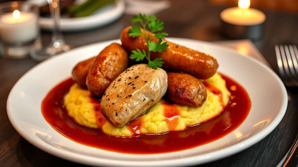 Plated chicken and sausage dish over creamy polenta with glossy wine reduction sauce, fresh parsley garnish, restaurant presentation, warm ambient lighting