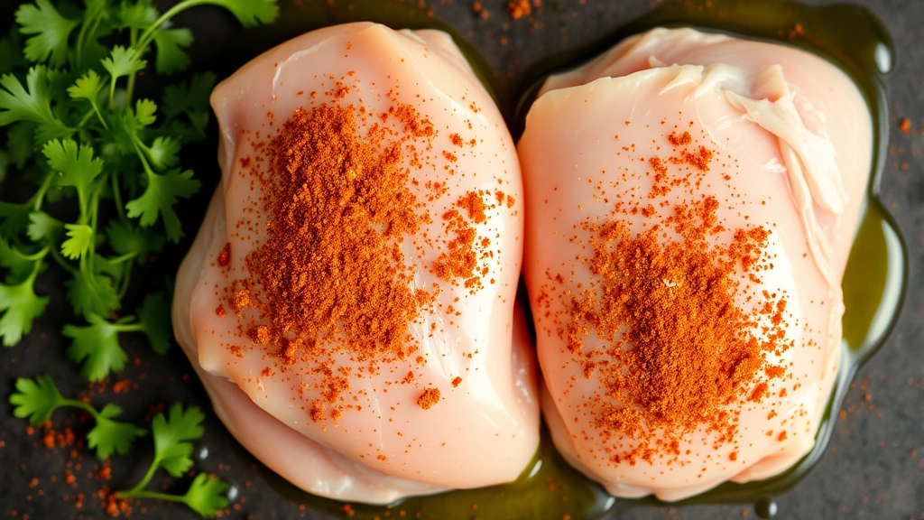 Overhead view of raw boneless chicken breasts seasoned with vibrant cumin and chili powder spices, olive oil glistening on surface, fresh cilantro scattered nearby