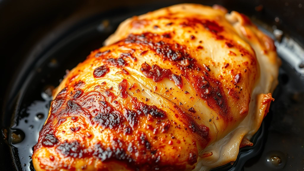 Close-up of perfectly golden-brown seared chicken breast in cast iron skillet, steam rising, juices visible, showing ideal browning and texture for shredding