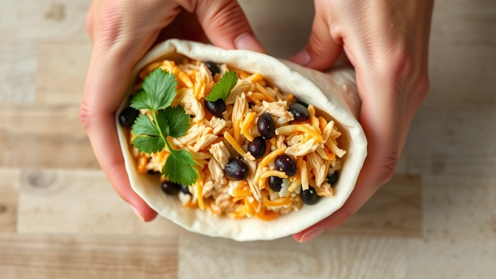 Hands wrapping a flour tortilla filled with shredded chicken, white rice, black beans, melted cheese, and fresh cilantro, mid-fold technique, warm burrito sealing
