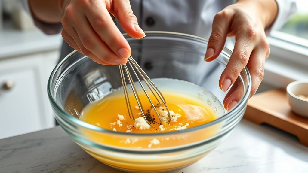 Hands whisking room-temperature eggs in a glass mixing bowl with grated Pecorino Romano cheese and fresh cracked black pepper, natural window lighting, professional kitchen setting