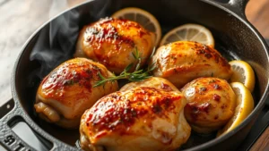 Golden-brown chicken leg quarters with crispy skin in a cast iron skillet, garnished with fresh thyme sprigs and lemon slices, steam rising from the pan