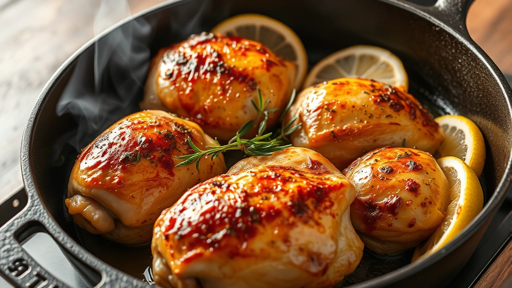 Golden-brown chicken leg quarters with crispy skin in a cast iron skillet, garnished with fresh thyme sprigs and lemon slices, steam rising from the pan