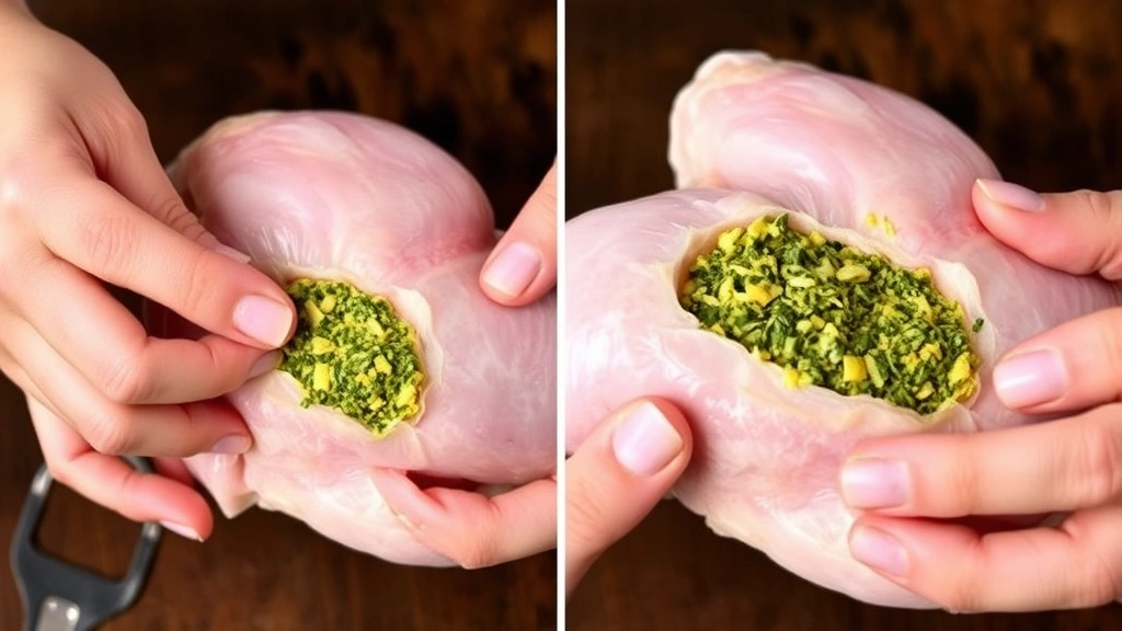 Hands applying compound herb butter under the skin of a raw chicken leg quarter, showing the yellow-green herb mixture being inserted beneath the poultry skin