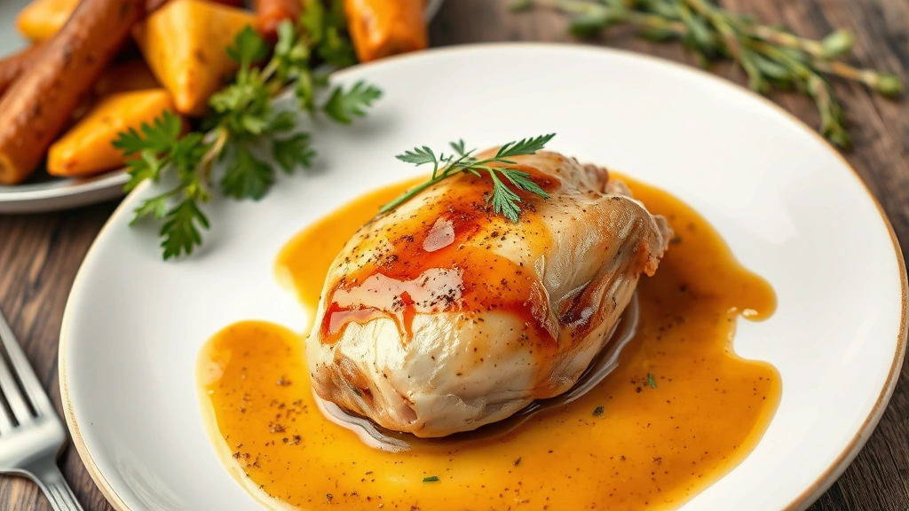 Plated chicken leg quarter with glossy pan sauce drizzled around it, surrounded by roasted root vegetables and fresh herbs, professional restaurant plating