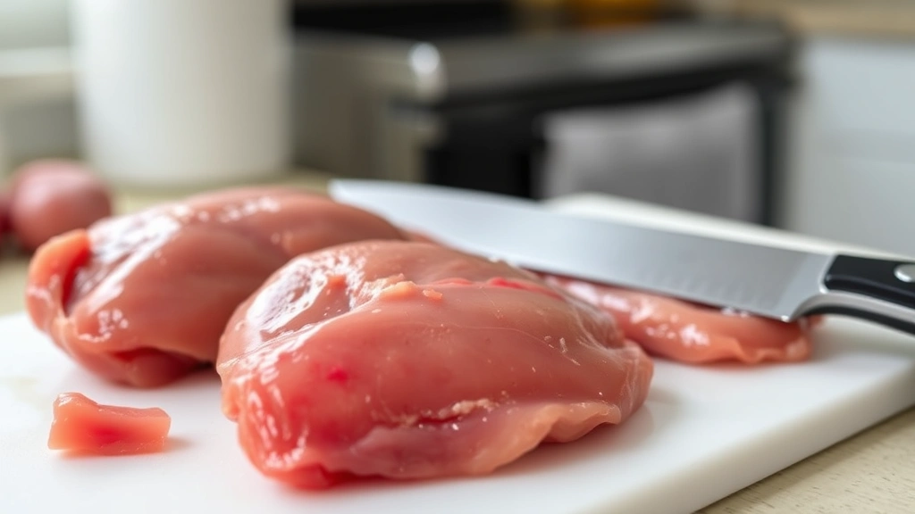 Fresh raw chicken livers on a white cutting board with a sharp knife, showing deep reddish-brown color and glistening surfaces under bright kitchen lighting