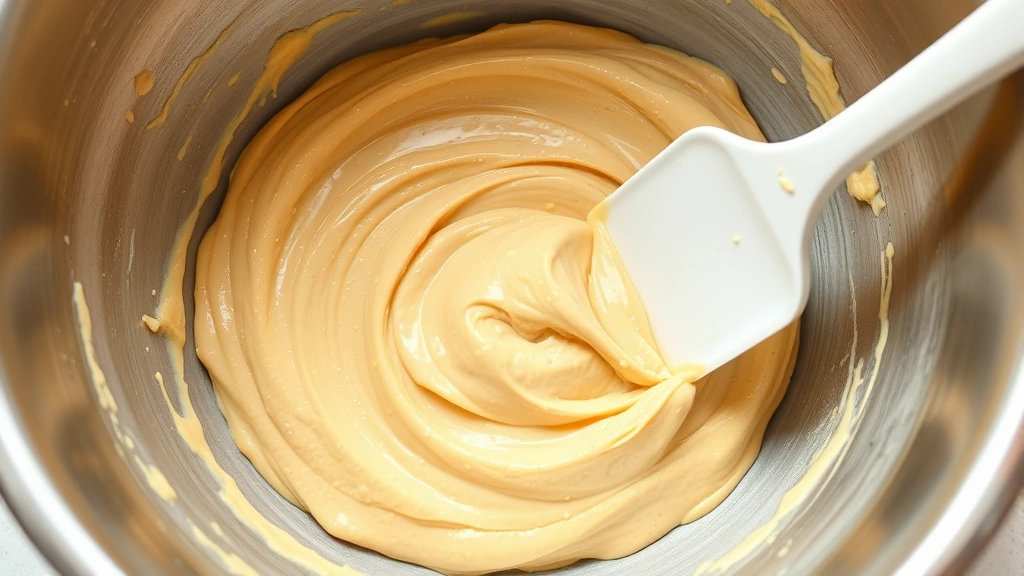 Creamy golden chicken liver pâté being folded with cold butter using a rubber spatula in a stainless steel bowl, showing luxurious emulsion texture