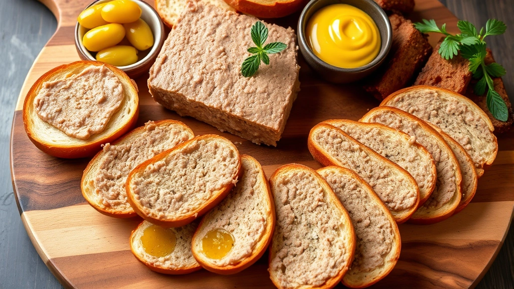 Finished pâté spread on toasted baguette slices arranged on a wooden charcuterie board with cornichons, Dijon mustard, and fresh herbs as garnish