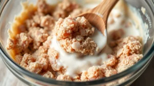 Close-up of raw ground chicken mixed with breadcrumbs and milk in a glass bowl, showing the panade texture with a wooden spoon, soft natural lighting, professional food photography